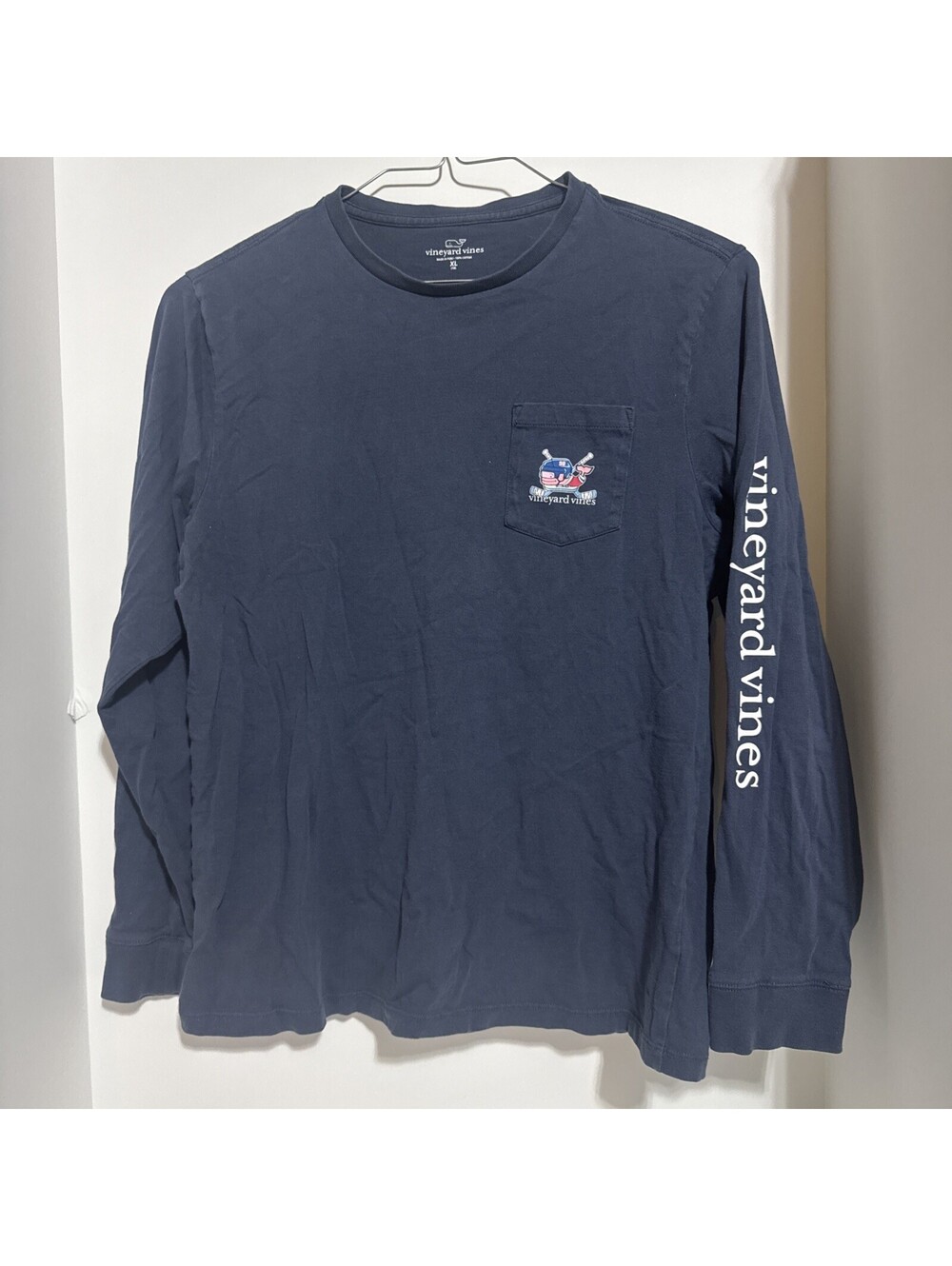 Vineyard Vines Hockey Whale Boys XL(18) Long Sleeve Pocket-T EUC Navy Blue CL2